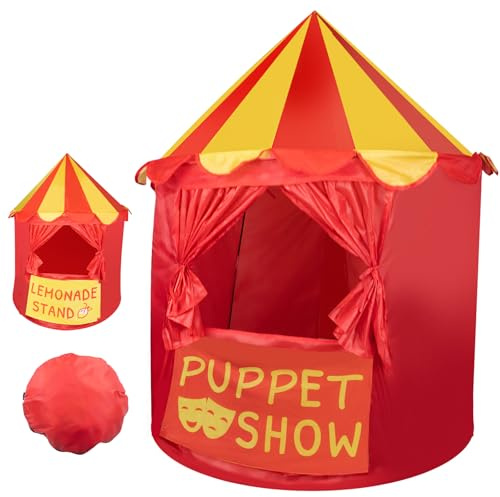 Extguds Tenda da gioco rotonda per teatro delle marionette con pannello frontale reversibile, spettacolo di marionette 2 in 1 e supporto per limonata, casetta portatile pieghevole con borsa per il