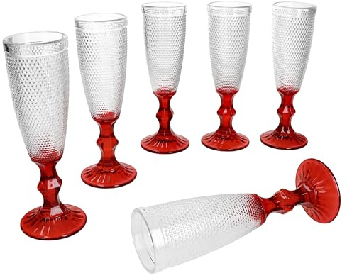 MamboCat Rubin Set di 6 bicchieri da spumante, 150 ml, calici da spumante con manico rosso, effetto strutturato, flauti da spumante, prosecco e champagne, feste, Natale e così via.