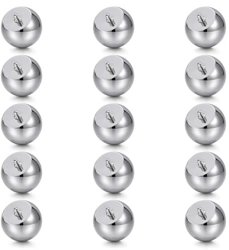 Funseedrr 15 sfere di ricambio di grandi dimensioni da 5 mm a 14 mm, 14 G, 16 G, filettatura interna in acciaio inox, colore argento, per setto nasale, lingua, sopracciglio, labbro, capezzolo
