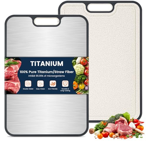 100% Pure Titanium Chopping Board for Kitchen, Double Sided Extra Large Cutting Board with Juice Groove, Non-Slip, Non-Toxic, Wheat Straw PP, Dishwasher Safe for Meat, Fruit