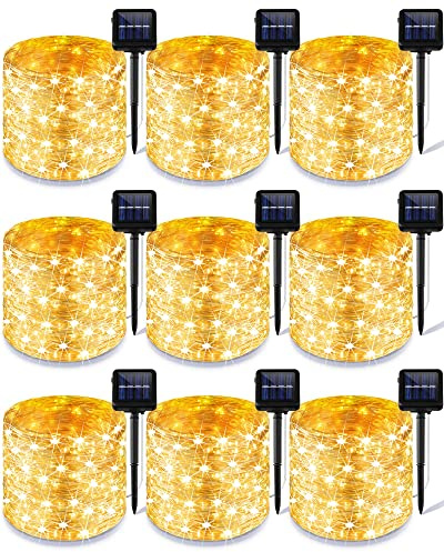Treela 9 Pack Solar String Lights for Outside, 39 ft 100 LED Outdoor Fairy Lights Waterproof Copper Wire 8 Modes Solar Twinkle Lights for Patio Garden Tree Yard Party Decor(Warm White)