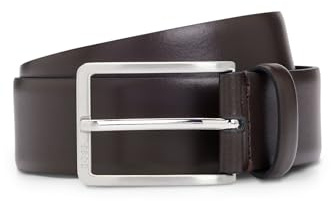 BOSS Herren Erman-L Sz35 Gürtel aus italienischem Leder mit Metalldetails in gebürsteter Silber-Optik Dunkelbraun 95