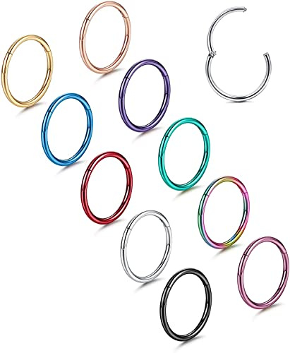 Chriscoco 10Pcs 16G/18G Anillos de Nariz Pendientes de Aro 316L Acero Quirúrgico con Bisagras Clicker Segmento Piercing Nariz Aro Septum Helix Cartílago Daith Tragus Sleeper Pendientes Body Piercing