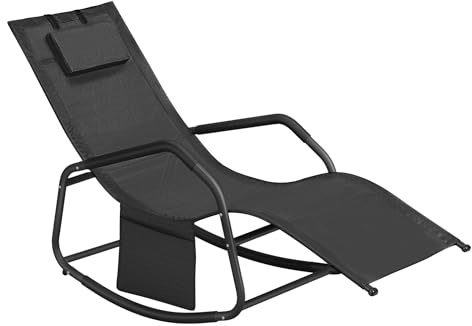SONGMICS Rocking Chair, Outdoor Lounger Recliner with Anti-Tipping Stops, Adjustable Headrest, Steel Frame, Breathable Fabric, Storage Pocket, Deck Garden, 151 x 56.2 x 97.3 cm, Ink Black GCB230B01
