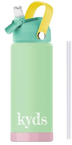 kyds® Trinkflasche Kinder, Thermo Edelstahl Wasserflasche, Auslaufsicher, mit Fruchteinsatz, Kohlensäure geeignet, BPA-frei, spülmaschinenfest, Trinkflasche für Schule Sport (Light Green/Rosa, 500ml)