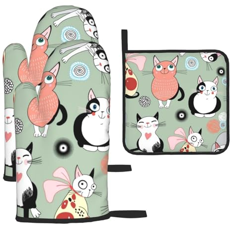 Lot de 3 maniques et maniques en forme de chats - Imperméables et résistants à la chaleur - Pour cuisiner, cuire et griller