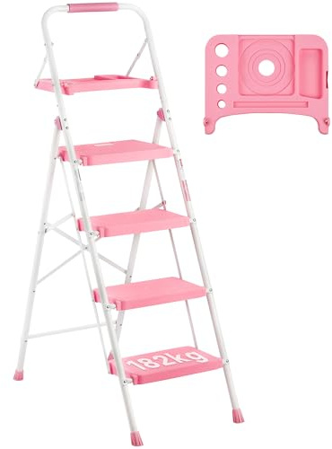 BONTEC Trittleiter 4 Stufen Klappbar, 150kg Kapazität mit Breiten Anti-Rutsch-Pedalen, Faltbarer Stahl-Tritthocker, Schwamm-Lenker, Zuhause, Speisekammer, Innen- und Außenbereich, Rosa
