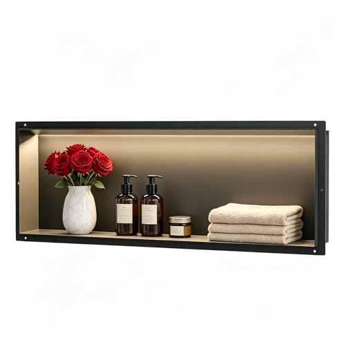 Bernkot Wandnische Dusche Edelstahl, wasserdichte Nische mit LED-Licht | Eingebettete Duschnische 30x90x10cm, Einzelbett Duschnische, Eingebettete Lagerung im Duschraum, Schwarz