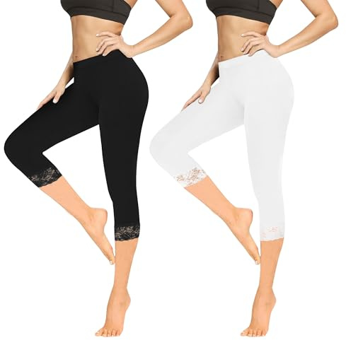 Geyuwoz Leggings Mujer 3/4 Talle Alto Capri Leggins Opacos Capri Pantalón Verano Algodón Leggings con Encaje Pantalón Deportivo Leggins 7/8 para Mujer Yoga Gimnasio Negro Blanco Pack de 2 XXL
