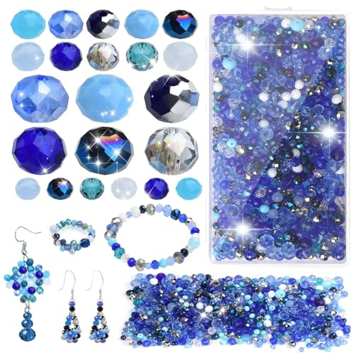 1020pcs Glass Beads for Jewellery Making Blue, 4 6 8mm Crystal Beads | for Stringing, Faceted Pearls for Crafting, 7 Colours of Glass Bead for Bracelet Earrings Bead Curtain Pendant Making