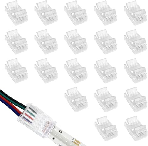 Menibeuty 20 Piezas 4 Pin 10mm RGB 5050 Conector de Tira LED, SMD 5050/5630 de Ancho Conector Tira Sin Soldadura onocromática, Empalmes Luces LED Kit Montaje Tiras Conexión Rápida De Luz De Cinta
