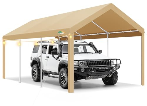 COBIZI Carports Tente de garage robuste de 25,4 x 50,8 cm, cadre galvanisé, abri d'extérieur imperméable et protégé contre les UV avec cordes coupe-vent et sacs de sable intégrés pour voiture, camion
