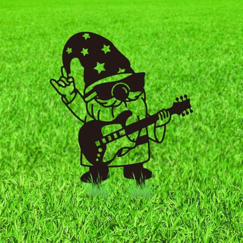 WADORN Piquets Décoratifs de Jardin en Métal GNOME Guitare, Statues D'Extérieurdes Gnomes Noirs Silhouettes Amusantes Cadeaux des Gnomes Décorations à Piquer pour Cour Jardin Pelouse