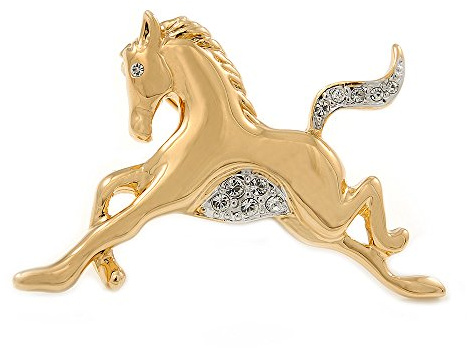 Broche en forme de cheval en cristal transparent doré poli – 40 mm de large, taille unique, Pas de type de métal, diamante