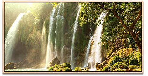Vietnamesischer Wasserfall ca. 130x70cm Wandbild inklusive Schattenfugenrahmen naturfarbend - Panorama Leinwand Bild XXL Format Wandbilder Wohnzimmer Wohnung Deko Kunstdrucke