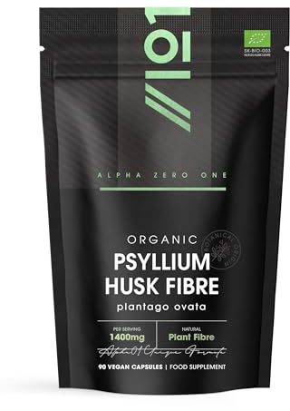Organic Psyllium Husk Fibre 1400mg - Natural Prebiotic Fibre Supplement from Raw Plantago Ovata Seeds - 90 Vegan Capsules – Resealable and Recyclable Pouch by Alpha01