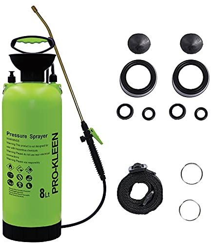 Pro-Kleen Garden Pressure Pump Sprayer Manual Action 8L With Brass Lance and 2 x Spare Seal Kits - For Weed Killer, Garden Chemicals, Pesticides, Herbicides, Insecticides, Fungicides (8 Litres)