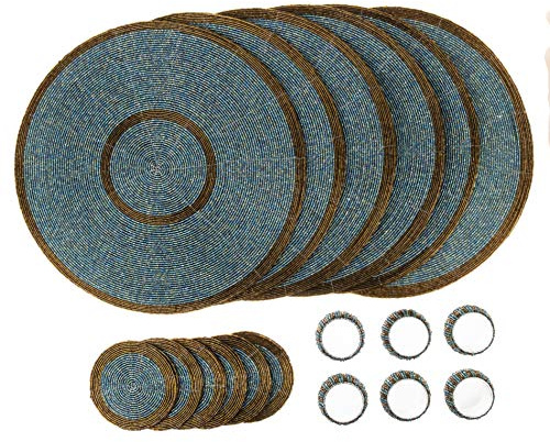 Penguin Home Set mit 18 Glasperlen-Platzsets, Untersetzern und Serviettenringen -Aqua und Antik Gold Farbe -Runde Tischsets -handgefertigt von erfahrenen indischen Kunsthandwerkern- Durchmesser -32 cm