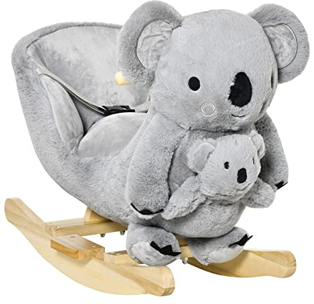 HOMCOM Jouet à Bascule Koala avec marionnette - Effet sonore Rugissement - Fauteuil intégré, Ceinture de sécurité - pour 18-36 Mois - Bois peuplier Peluche Courte Polyester Gris