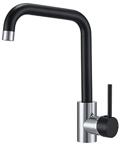 Kitchen Sink Mixer Tap Chrome and Matte Black Kitchen Taps Swivel Single Lever Rectangle L-Shaped Mixer Faucet, Monobloc Mono Bar Tap with Hot and Cold Hoses