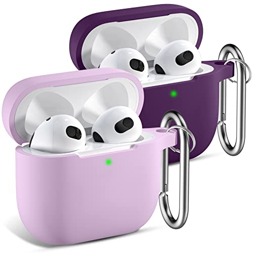 CeMiKa 2 Pacchi Custodia per AirPods 3 Cover - Case Protettiva Antiurto in Silicone Compatible avec Apple AirPods Terza Generazione Custodia 2021, con Moschettone - Lavanda/Prugna