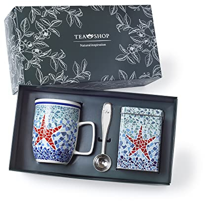 TEA SHOP - Pack Taza de porcelana con Filtro y Tapa + Lata y Cuchara medidora - Set Tea Time Estrella - Perfecto para Regalo