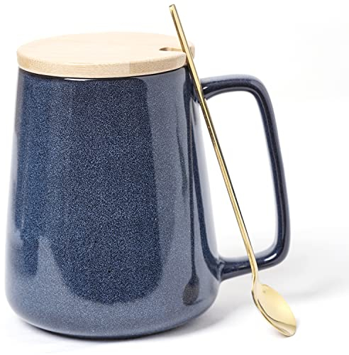 Grandes Tasses à Café En Céramiques, 24 Oz / 700 Ml De Grandes Tasses Supplémentaires, Couvercle Assorti Et Cuillère, Pour Cappuccino, Latte, Cacao Chaud Ou Don De Time Chaud (24 oz Pure Blue Set)