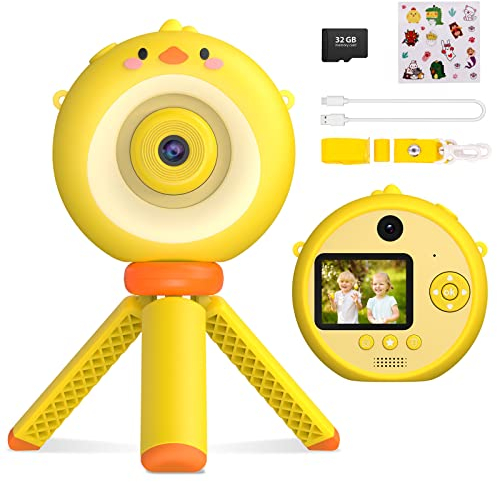 Ushining Appareil Photo pour Enfant, 1080P Caméra Vidéo Enfants avec Trépied 8X Zoom Appareil Photo Selfie Numérique avec Écran 2,0 Pouces Carte TF 32 Go, Cadeau pour Garçons et Filles 3-12 Ans, Jaune