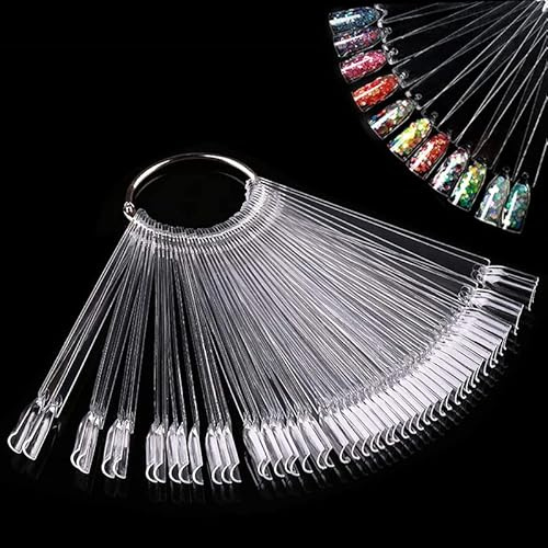 Nail Colour Display Clear Nail Swatch Sticks, Salon Nail Display Tips, Nails Samples Sticks for Nail Art Design Nails Practice | Fan Shape, with Metal Ring, Pack of 50