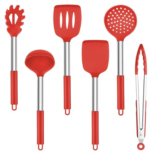 TEAMFAR Silikon Küchenhelfer Set, 6-teiliges Küchenutensilien Kochbesteck mit Edelstahlgriff, Hitzebeständiger Pfannenwender Kochutensilien Set zum Kochen, Leicht zu Reinigen & Spülmaschinenfest, Rot