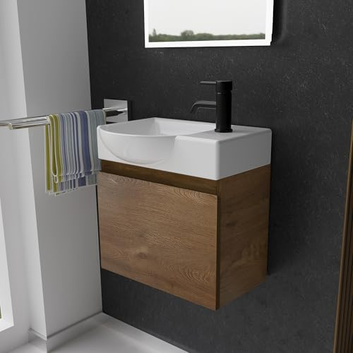 Alpenberger Waschtisch mit Unterschrank | Gäste WC Waschbecken Klein 45 cm Breit | Aufsatzwaschbecken mit Waschbeckenunterschrank | Badmöbel Hängeschrank | Waschtischunterschrank Eiche