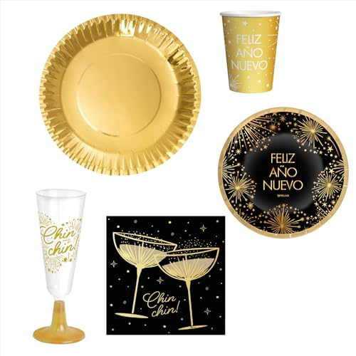 OH YEAH - Kit Vajilla Desechable 6 Personas Nochevieja Feliz Año Nuevo - 62 Piezas - Decoración Mesa Fin de Año - Diseño con Estrellas Brillantes - Fiesta Fin de Año y Navidad Elegante