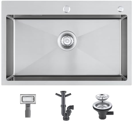 Drop in Kitchen Sink 700x450x190mm Topmount KEOKBON Stainless Steel Single Bowl Sink Extra Large Handmade with with Strainer Plug Drain Fittings