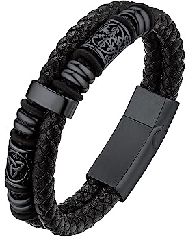 Bestyle Lederarmband Herren Armband Leder: Edelstahl Armbänder für Herren Schwarz mit Magnet Verschluss Armschmuck Accessoire - 21cm Länge Wikinger Flechtarmband Armkette Geschenke Schmuck für Männer
