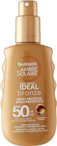 Garnier Sonnenmilch-Spray LSF 50+, verbesserte und intensive Bräunung, gegen Hautalterung, wasserfest, mit Vita-Melanin-Komplex, Ambre Solaire, Ideal Bronze, 150 ml