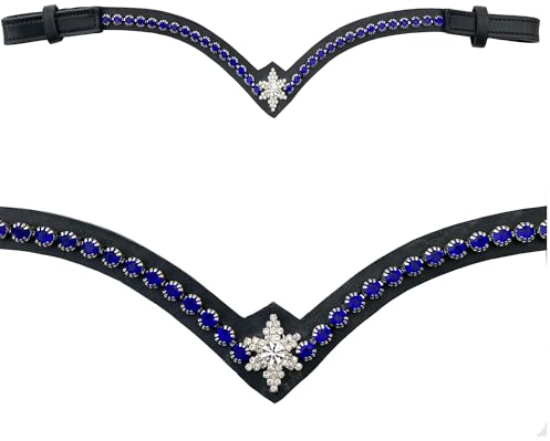 Leone Equipment Stirnriemen Pferd Glitzer in Geschenkbox (Blau Steine/Schwartz Leder, X-Full)