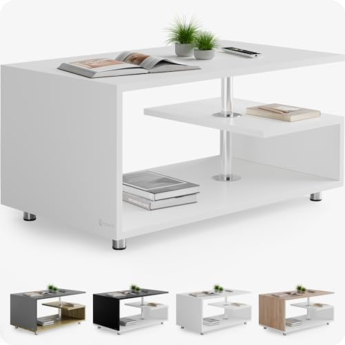CASARIA® Mesa de Centro de Madera Blanca Almacenaje 95x55cm Pies de Acero Inoxidable Estante Ajustable en Altura Mesa Auxiliar Rectangular Moderna Sala de Estar Sofá Mesa de Sofá