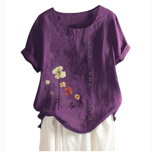 Keepink Hauts pour femme en coton et lin brodés, motif floral, ample, tunique, blouse à manches courtes, chemisier d'été, bohème, paysanne, T-shirts pour dames, tendance, pour sortir, vêtements de