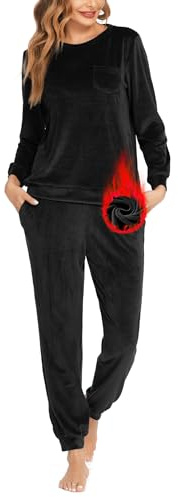 Ekouaer Pigiama da Donna Lungo Girocollo in Velluto Vestito per Il Tempo Libero Caldo Pigiama Completo Caldo Casual da casa con Tasche e Coulisse Nero S