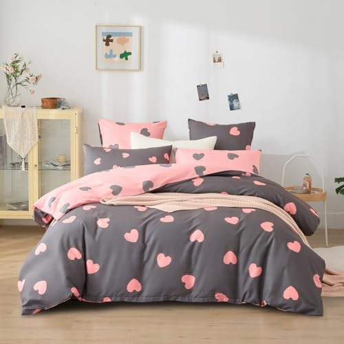 Freyamy Housse de Couette 240x260 Amour Gris Parure de lit 2 Personne en Microfibre avec Fermeture Éclair Réversible Sets de Housse Couette Cœur Rose avec 2 Taie d'oreiller 65 x 65cm pour Filles