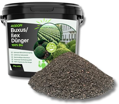 Rodopi Bio-Buxusdünger & Ilexdünger Granulat – 3 Monate Langzeitwirkung – 100% pflanzlich & vegan – Organischer NPK-Dünger 7-3-8 mit Magnesium 3kg