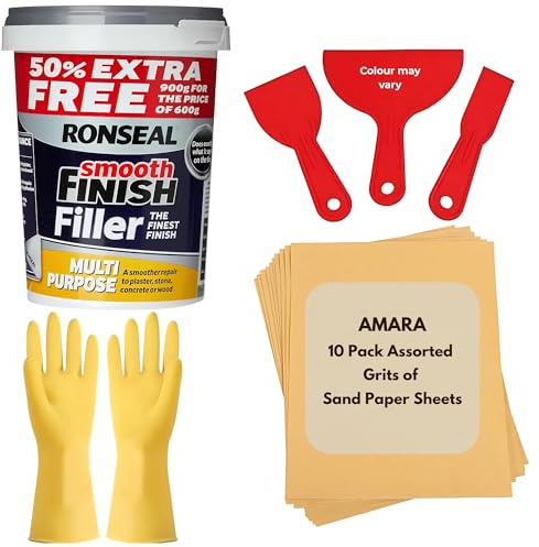 Wall Repair Kit Bundle with Ronseal Smooth Finish Filler Ready Mixed for Holes, Amara 3pcs Plastic Scraper, Sandpaper for Wood & Walls, Rubber Gloves – Ideal for Plaster & Wood Filler Jobs