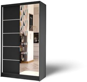 ELUKS - DELIN Sliding Doors Wardrobe with Mirror Furniture for Bedroom Living Room and Hall Wardrobe Organizer Width 100cm/120cm/150cm/180cm/200cm/WHITE/BLACK/OAK (Black, 100cm)