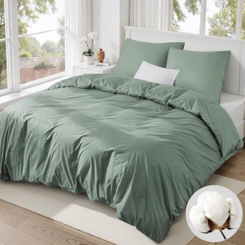 Duvetnova Bettwäsche 200x200 Grün Baumwolle,Bettwäsche Salbeigrün 1 Bettbezug 200x200 Baumwolle + 2 Kissenbezüge 80x80 cm - Grüne ÖKO-TEX Bettwäsche-Sets 100% Baumwolle mit Reißverschluss