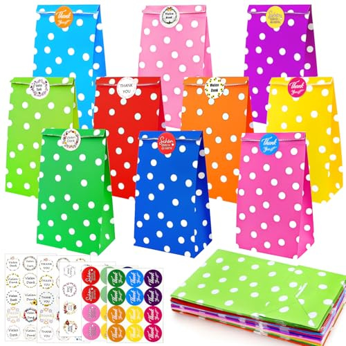 rokrist 50 Stück Papiertüten, Bunte Geschenktüten mit 66 Aufkleberfür, Bunte Kraftpapier Partytüten, für Weihnachten Partys, Hochzeiten, Geburtstag, Feiern, Süßigkeiten, DIY