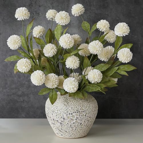 VIERENA 6 Pcs Faux Silk Pompon Mum Artificial Flowers for Vase -27, Bulk Fake Chrysanth Branches with Stems for DIY Bouquet Centerpieces Wedding Fillers Arrangements Shower Decorations (Cream)