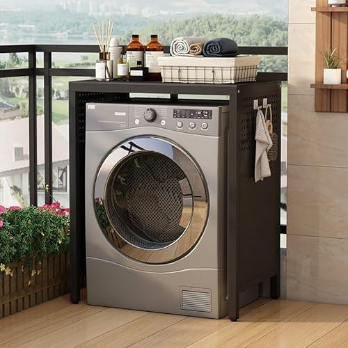 Stackable Laundry Washer & Dryer Stand with Shelf, Space-Saving Storage for Washer & Dryer, Versatile Unit for Laundry Room & Bathroom, Black