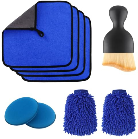 9 Pcs Car Cleaning Kit, Car Wash Mitt Set with 4 Cloths 2 Sponges 1 Brush | Microfibre Cloths and Soft Bristles, for Washing Drying Waxing Cars Motorbikes and Bikes, for Drivers and Car Care Users