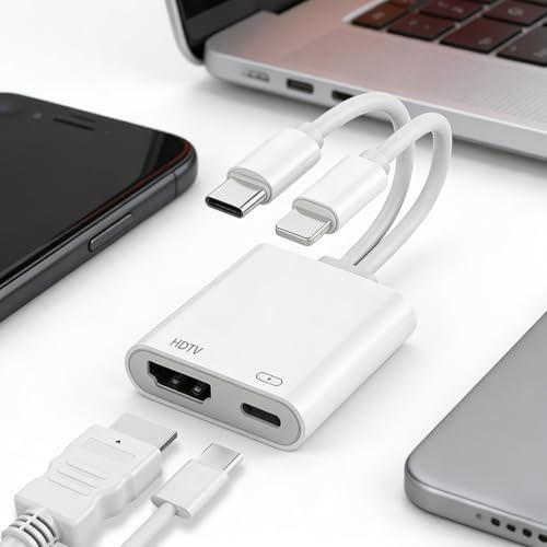 2-in-1 USB C Ligh-ning to HDMI Adapter, Type to C HDMI Adapter Cable, 4K Video & Audio Adapter with Fast Charging, Compatible with i-Phone, i-Pad, MacBook, for S-amsung, HDTV, Monitor, Projector