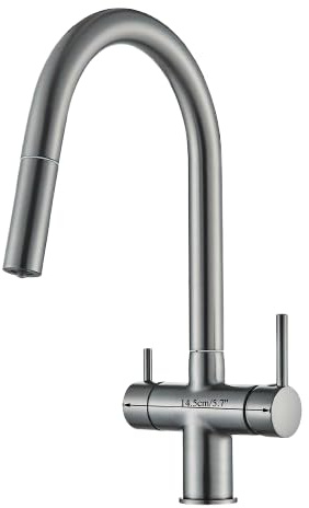KLARWERK® Jana | ausziehbare 3-Wege Armatur Edelstahl Titangrau | Filter Trinkwasser Wasserhahn Küche | Osmose Mischbatterie U-Auslauf 3 Anschlüsse